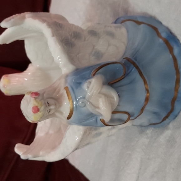 Twin Angels Pillar Candle Holder Dressed in Blue trimmed in Gilting Gold. - Picture 1 of 10